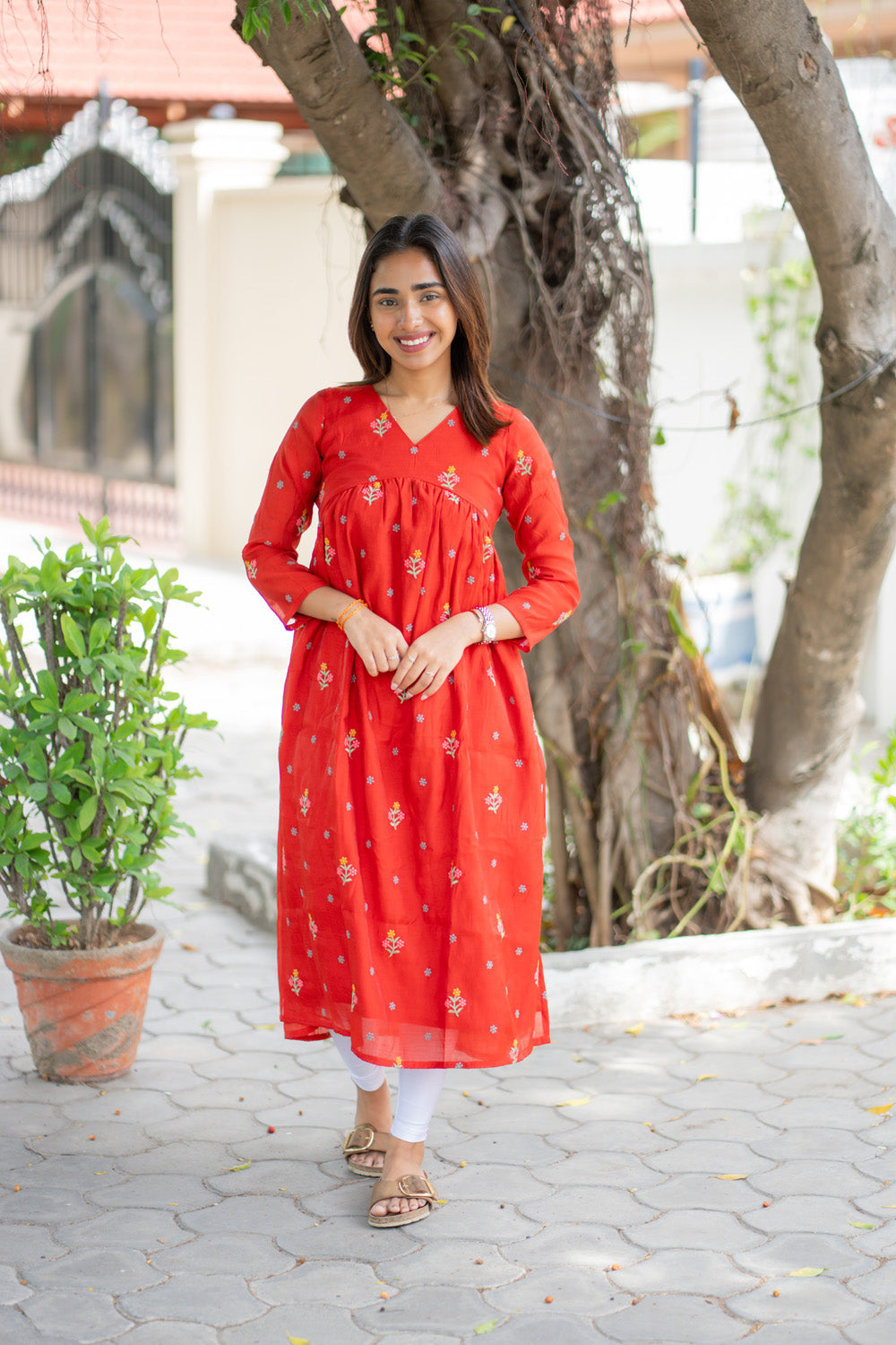 AA260 Rust Orange Mul Chanderi Alia Cut Dress