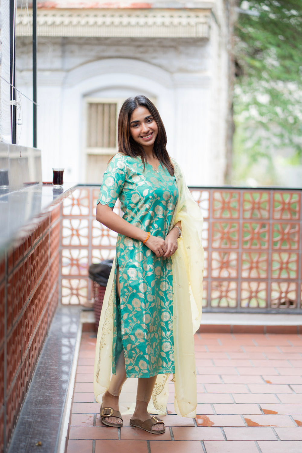 AA285 Turquoise Blue Brocade Silk Kurti With Yellow Shimmer Designer Dupatta
