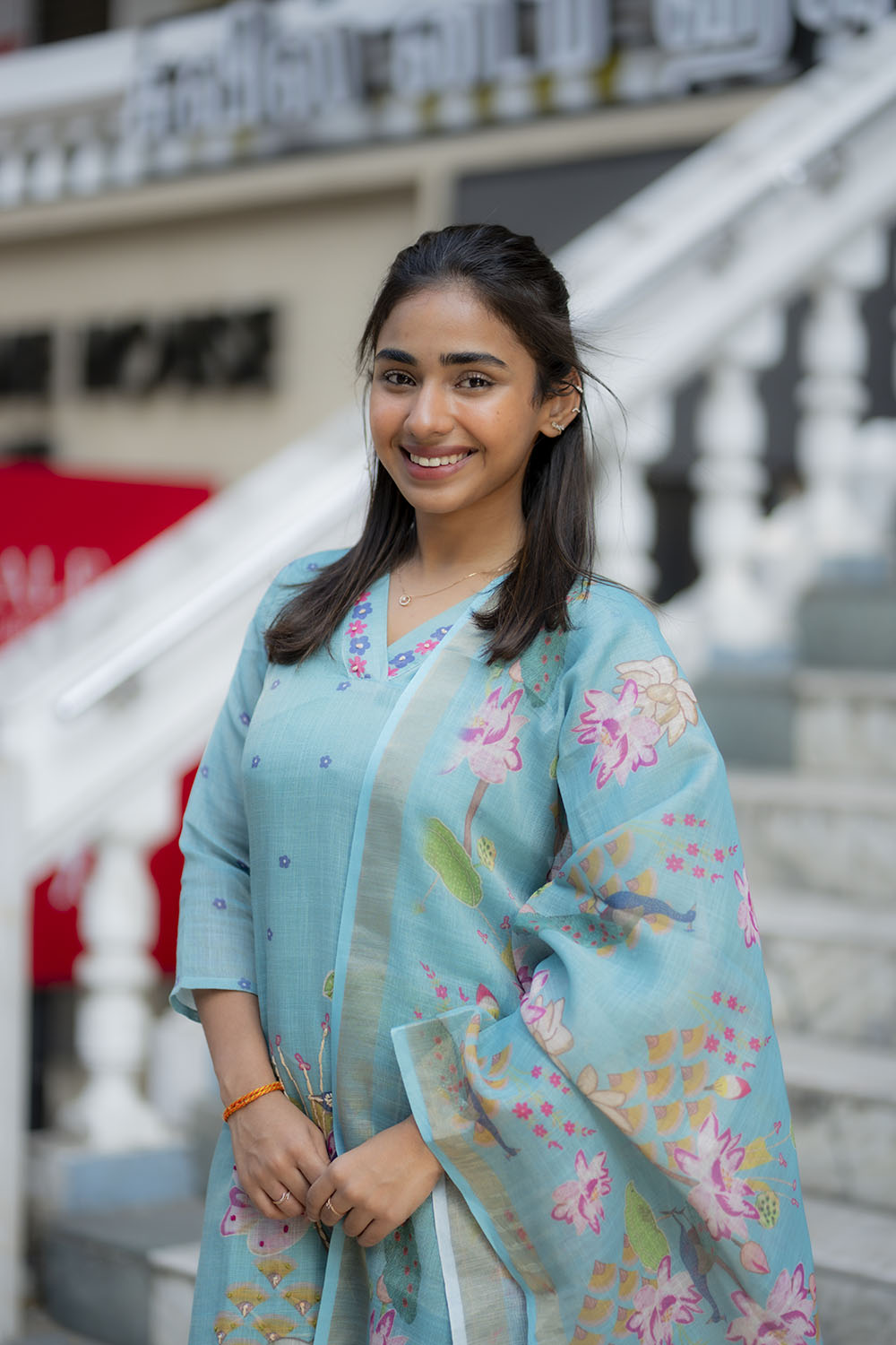 AA210 Blue Linen 3 Pc Salwar Set with Peacock & Floral Design