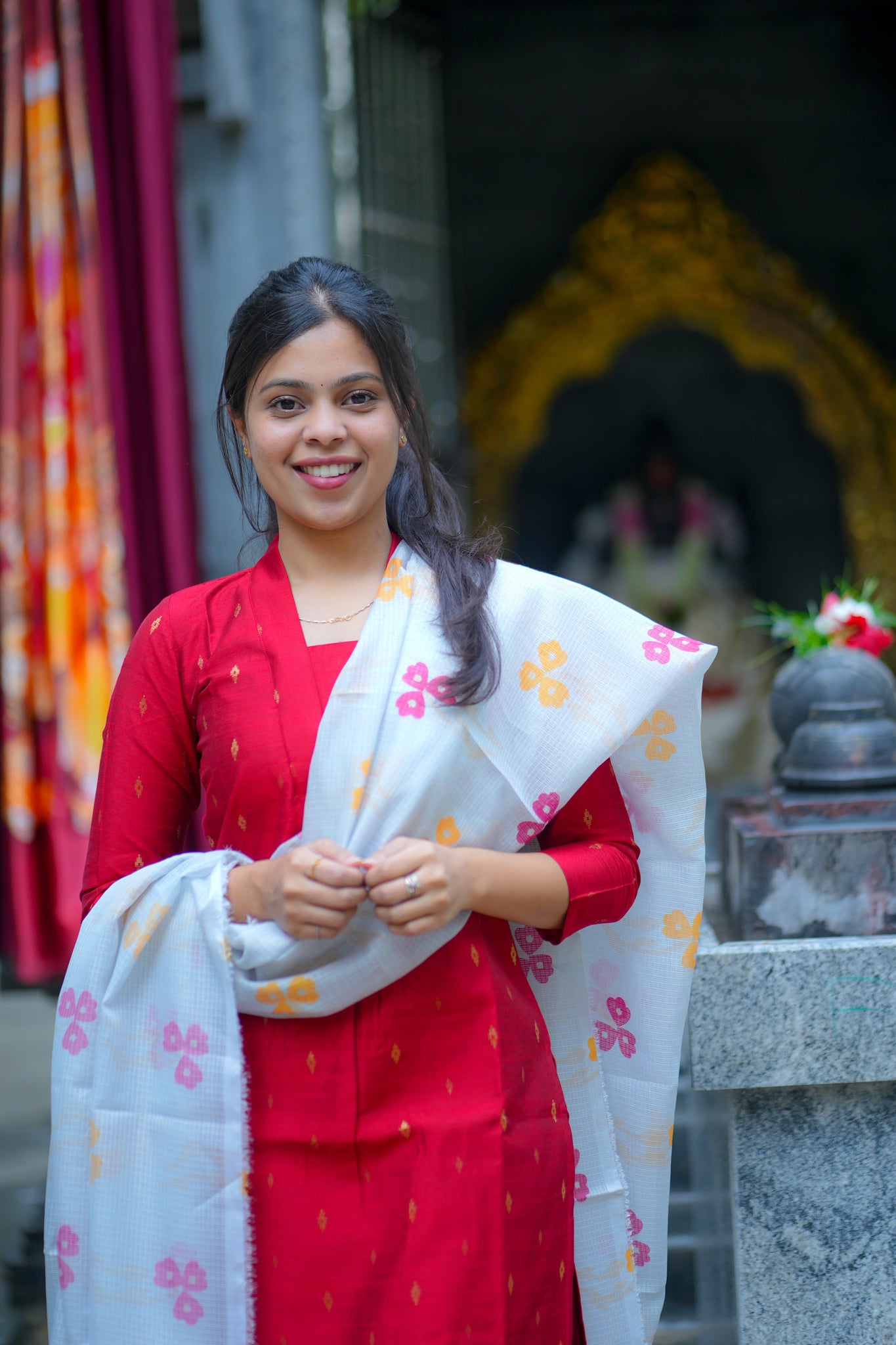 AA120 Cherry Red Raw Silk Kurti & Pant with Kota Dupatta (3 pc Set)