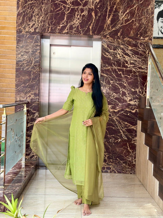AA316 Pista Green Crush Silk Salwar Set with Shimmer Tissue Silk Dupatta & Pant (crepe Lining)
