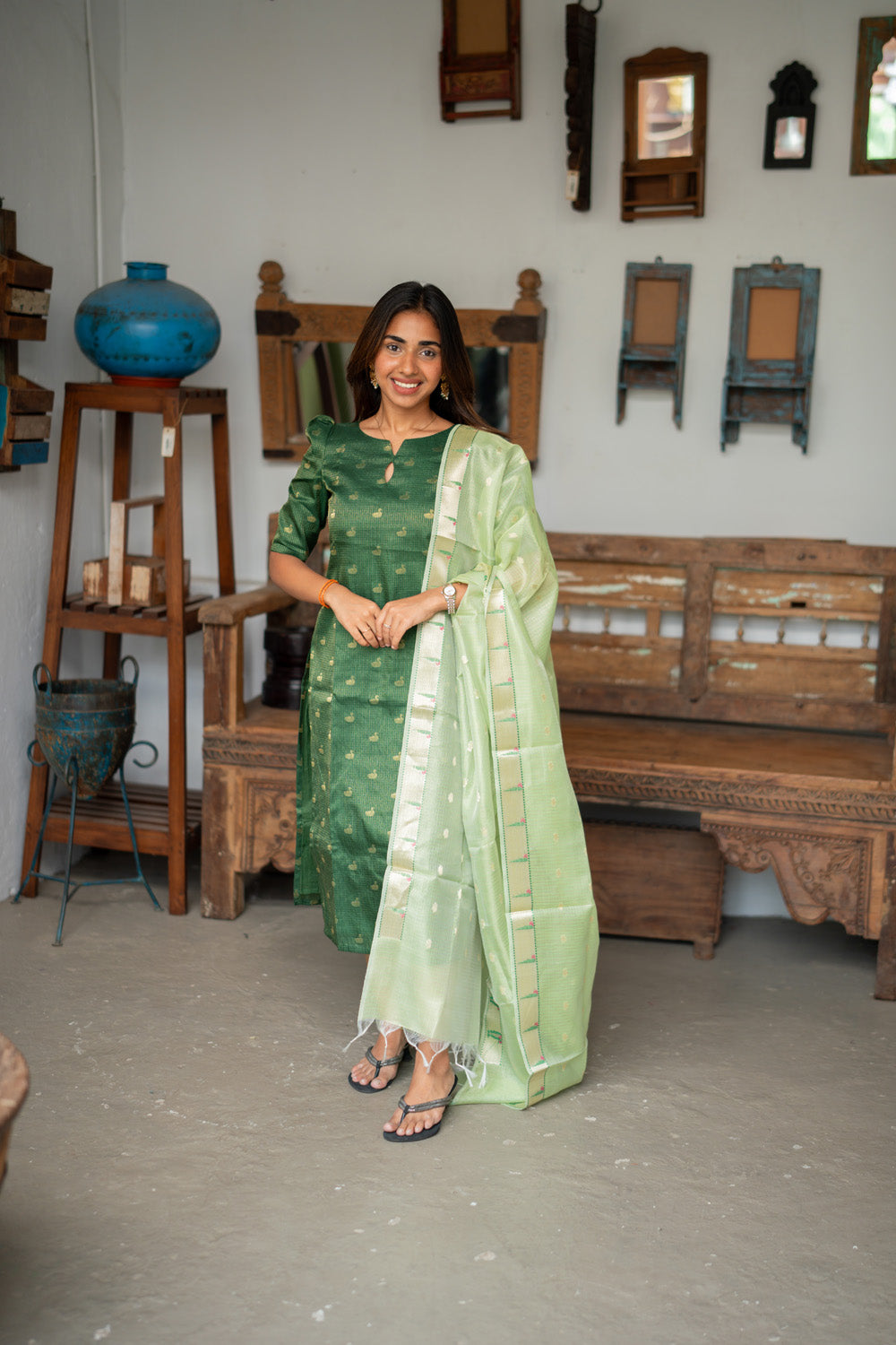AA311 Bottle Green Checks Swan Print Tissue Silk Kurti with Light green Checks Paithani Border Tissue Silk Dupatta