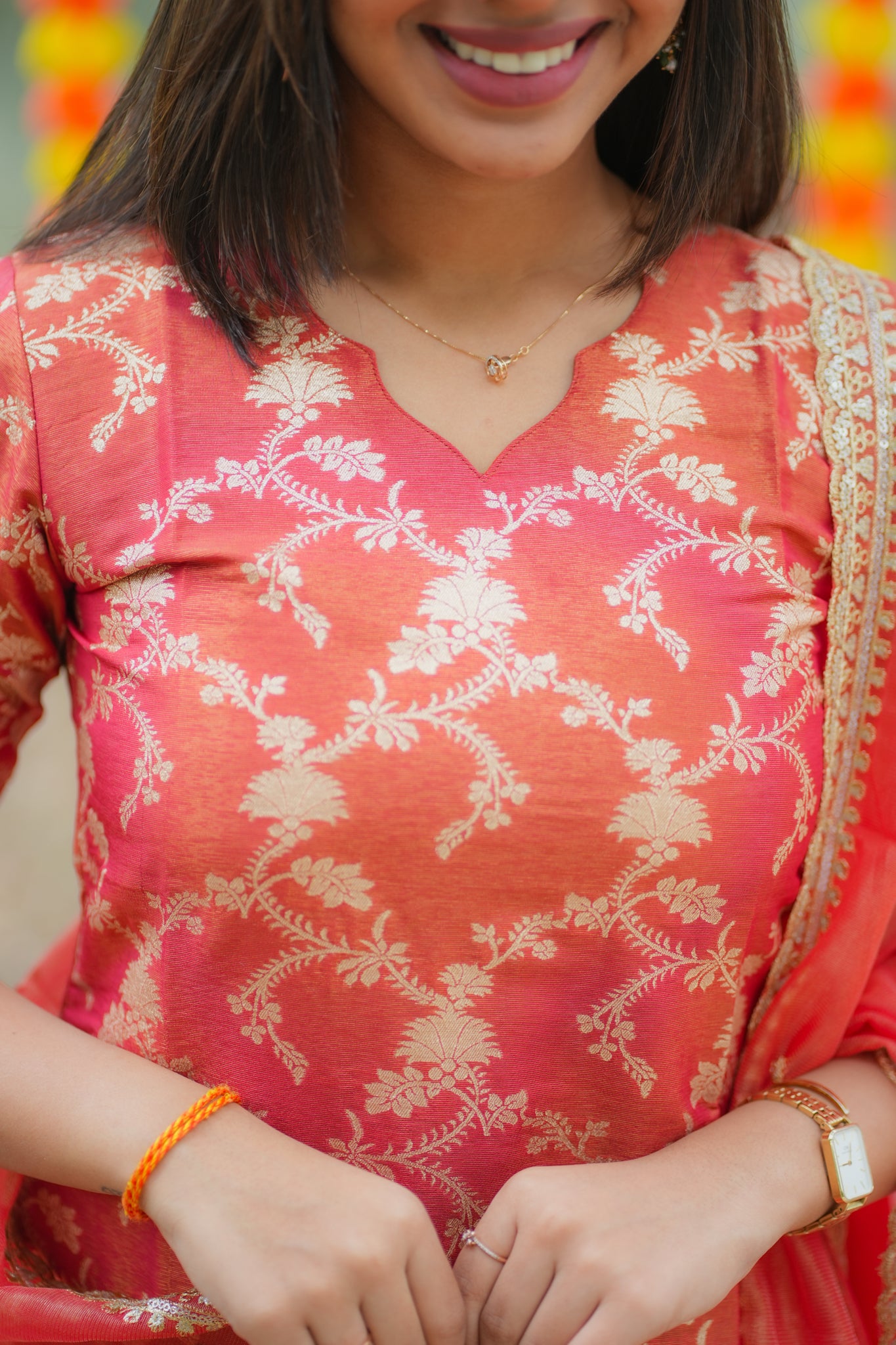 AA157 Red with Golden Floral Zari Weaving Tissue Silk Kurti with Organza Sequence Dupatta