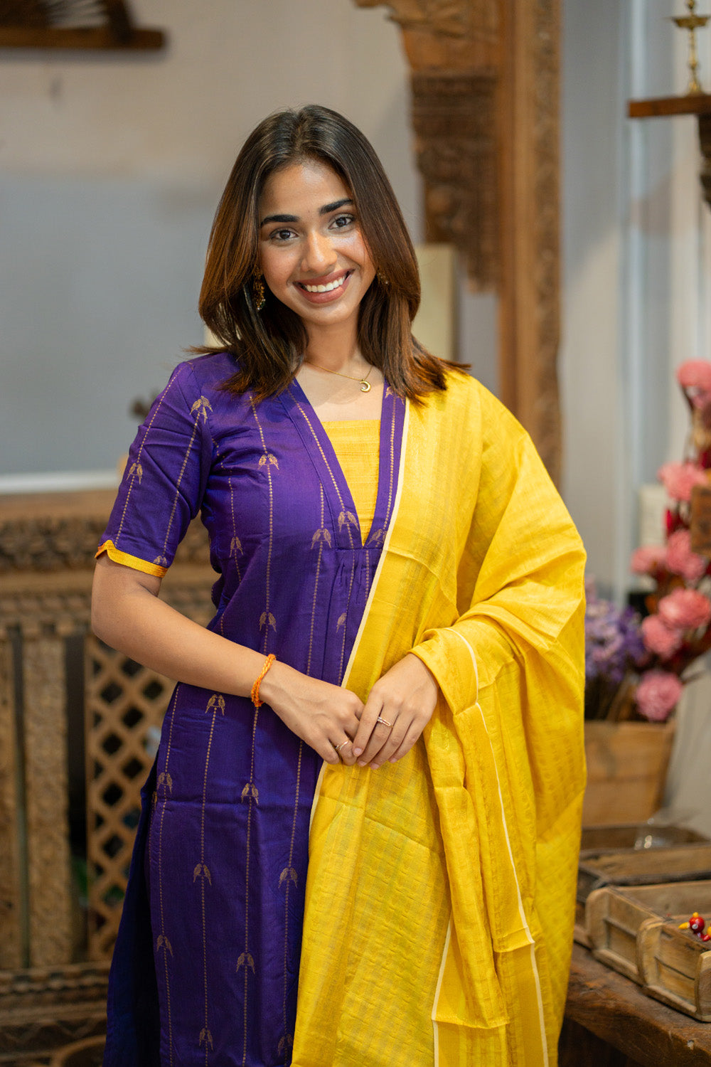 AA309 Violet Parrot Print Raw Silk Kurti & Pant  with Yellow Silk Dupatta (Neck & Sleeve Patched with Yellow Silk Fabric)