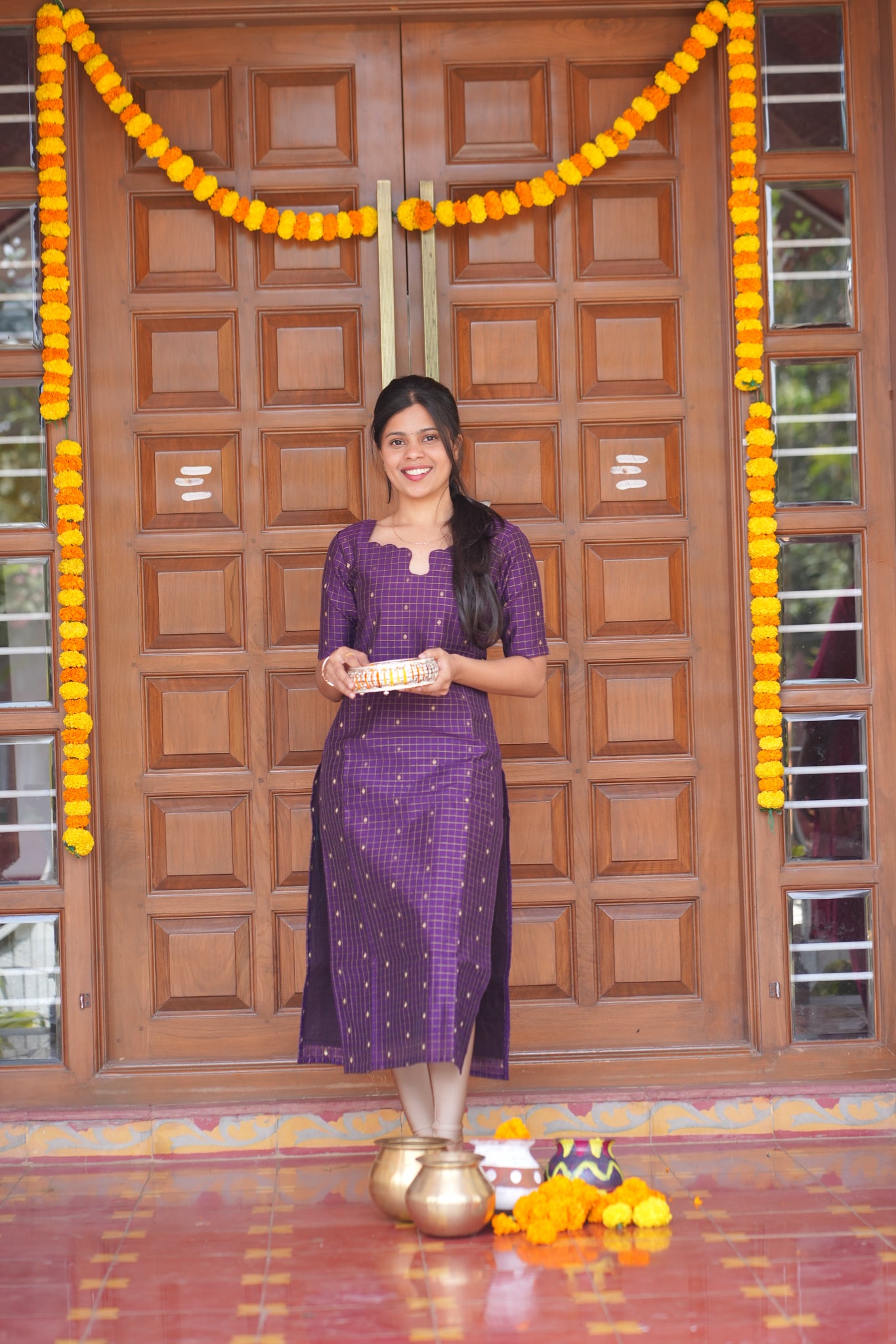 AA164 Violet Raw Silk Kurti with Kalamkari Dupatta