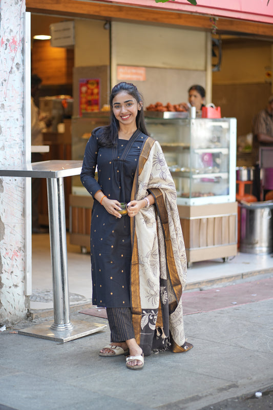 AA134 Stunning Black Raw Silk Kurti with Pant & Kalamkari Dupatta (3 PC Set )