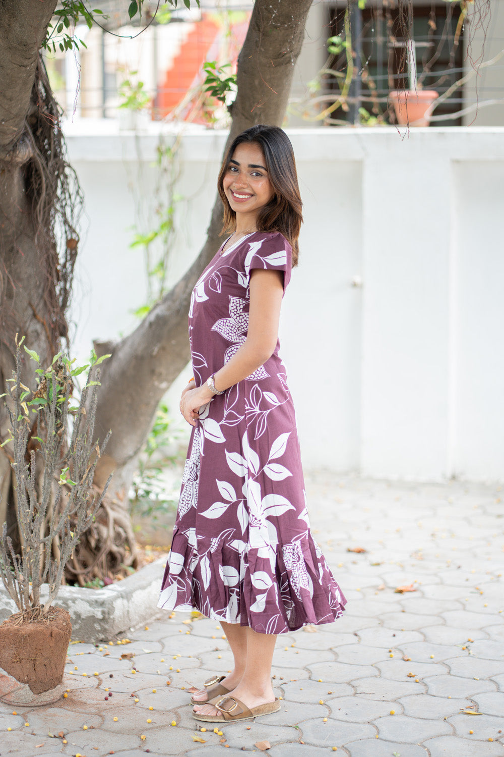 AA305 Purple Wine Floral Cotton Maxi(with Lining)