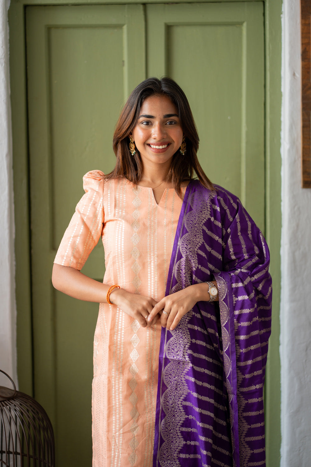 Peach Chanderi Diamond Stripes & Butta Kurti with Violet Banarasi Jacquard Dupatta