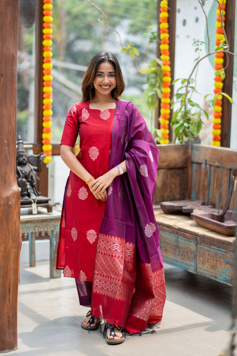 AA310 Red with Violet Combo Silk Cotton Salwar Set(with Silver Jari Design)(provided lining for top & pant)