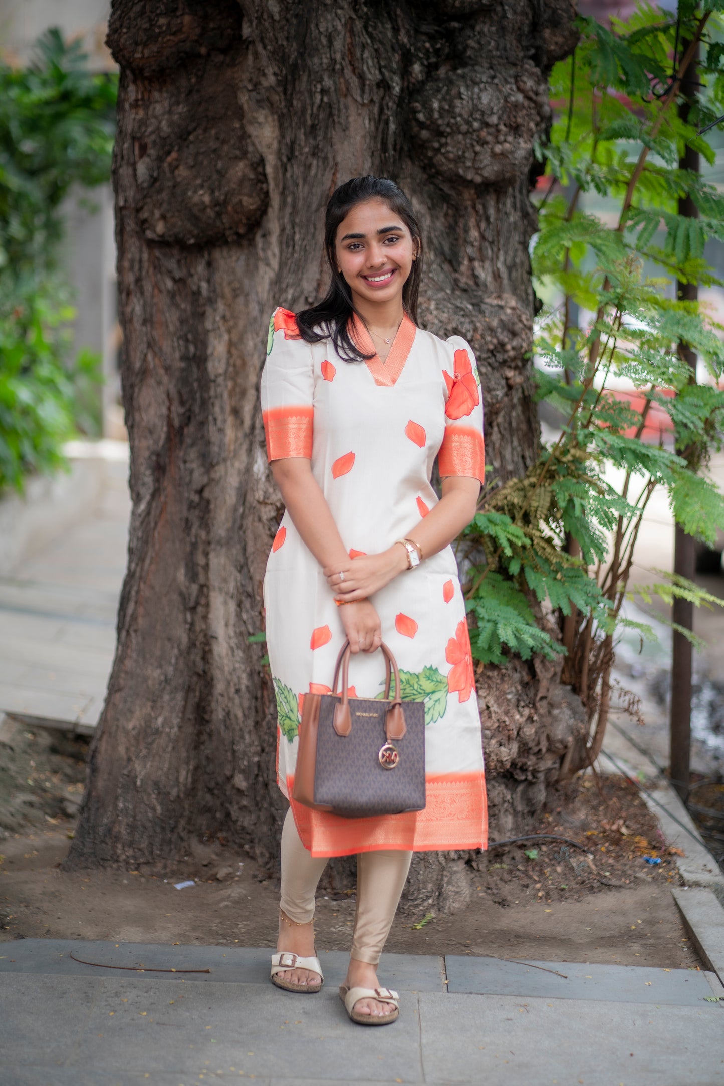 AA080 White with Orange Combo Silk floral kurti