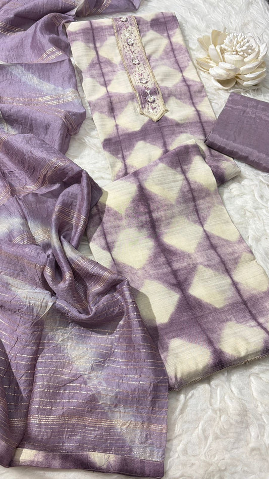 White with Lavender linen Silk Salwar Material