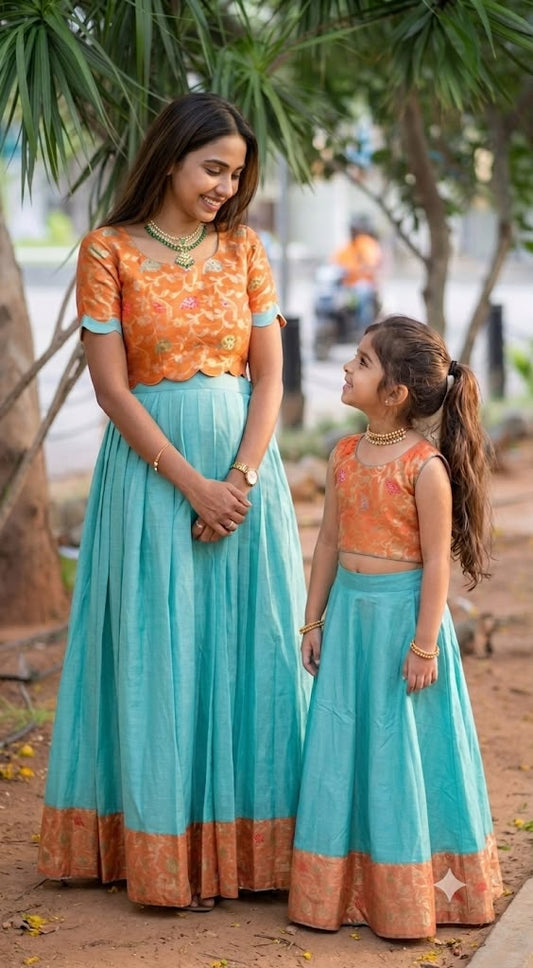 Orange Jacquard Silk with  Blue Silk Cotton Maxi