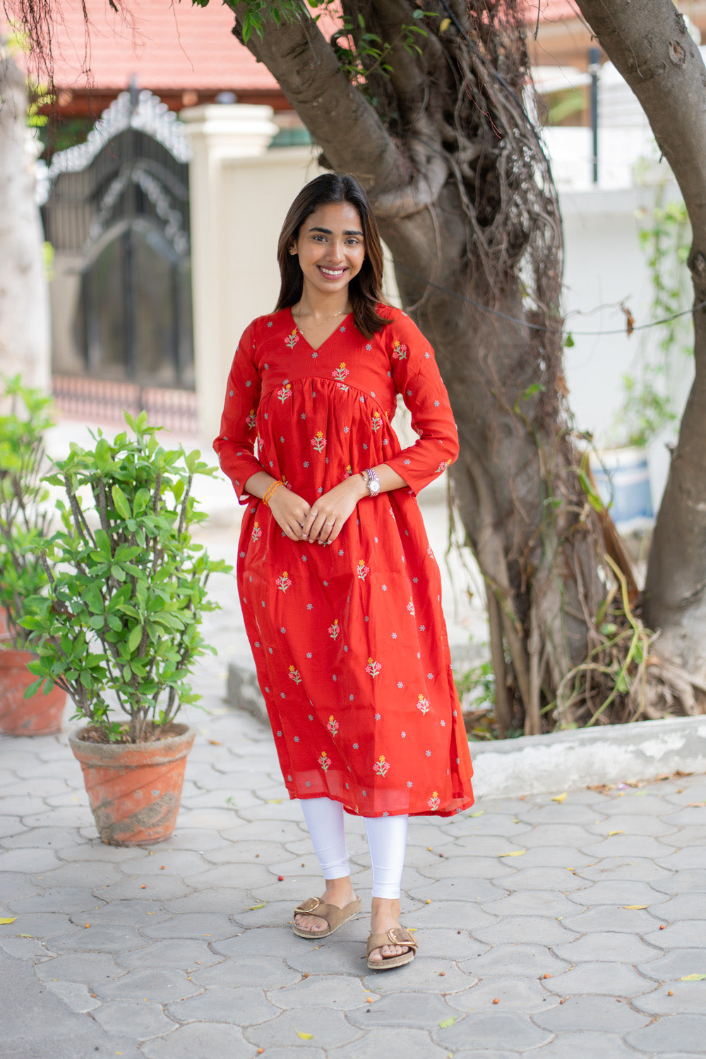AA260 Rust Orange Mul Chanderi Alia Cut Dress