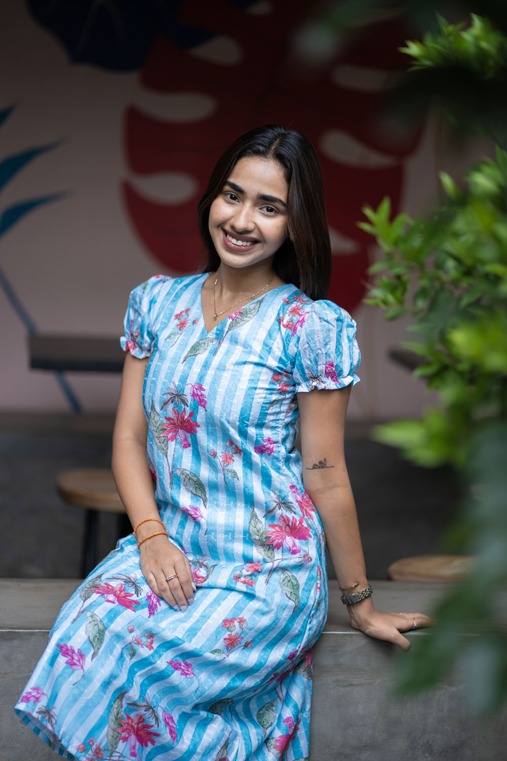 AA257 Blue with White Stripes Cambric Hakoba Floral Aline Kurti
