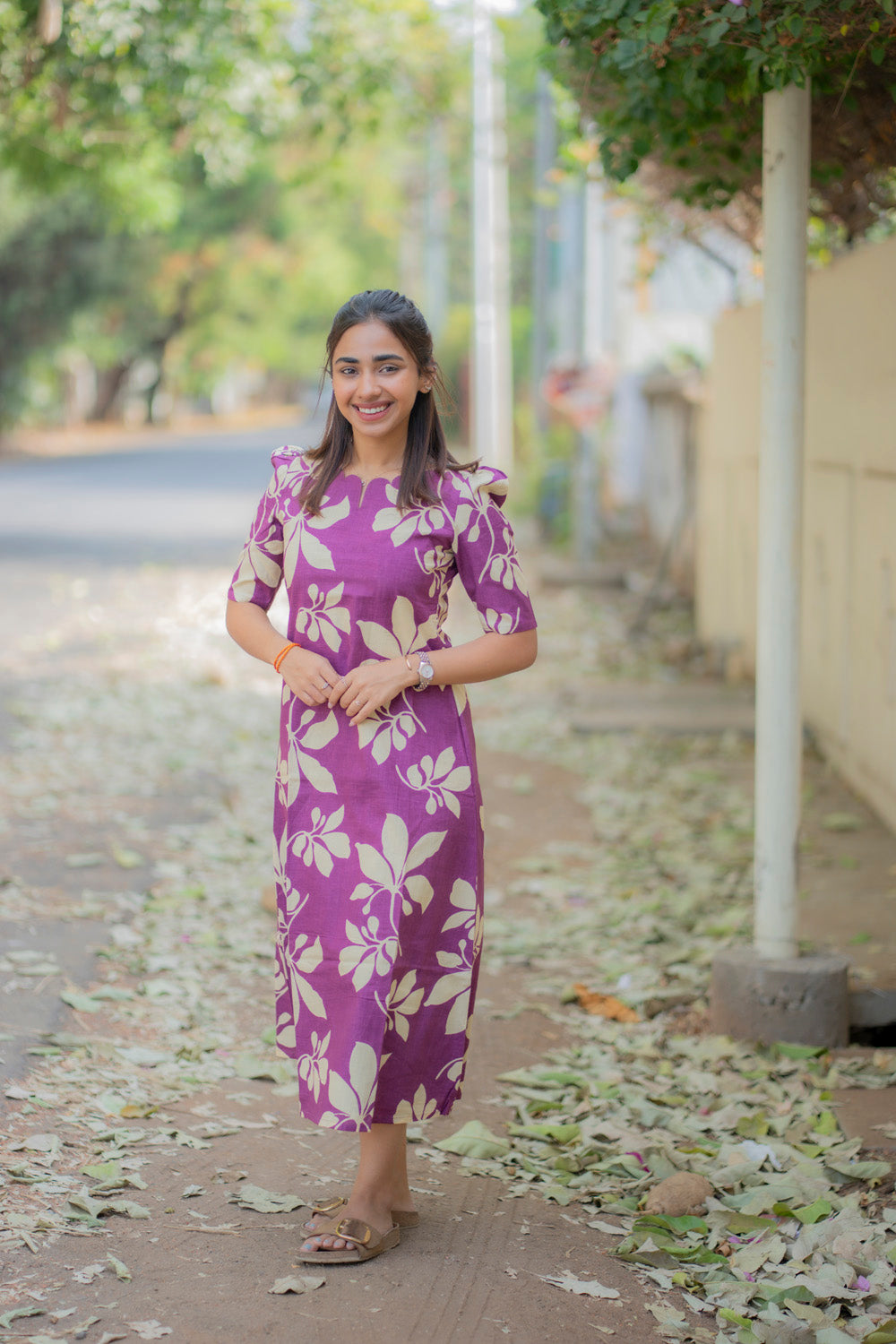 AA236 Purple Floral Cotton Aline Dress