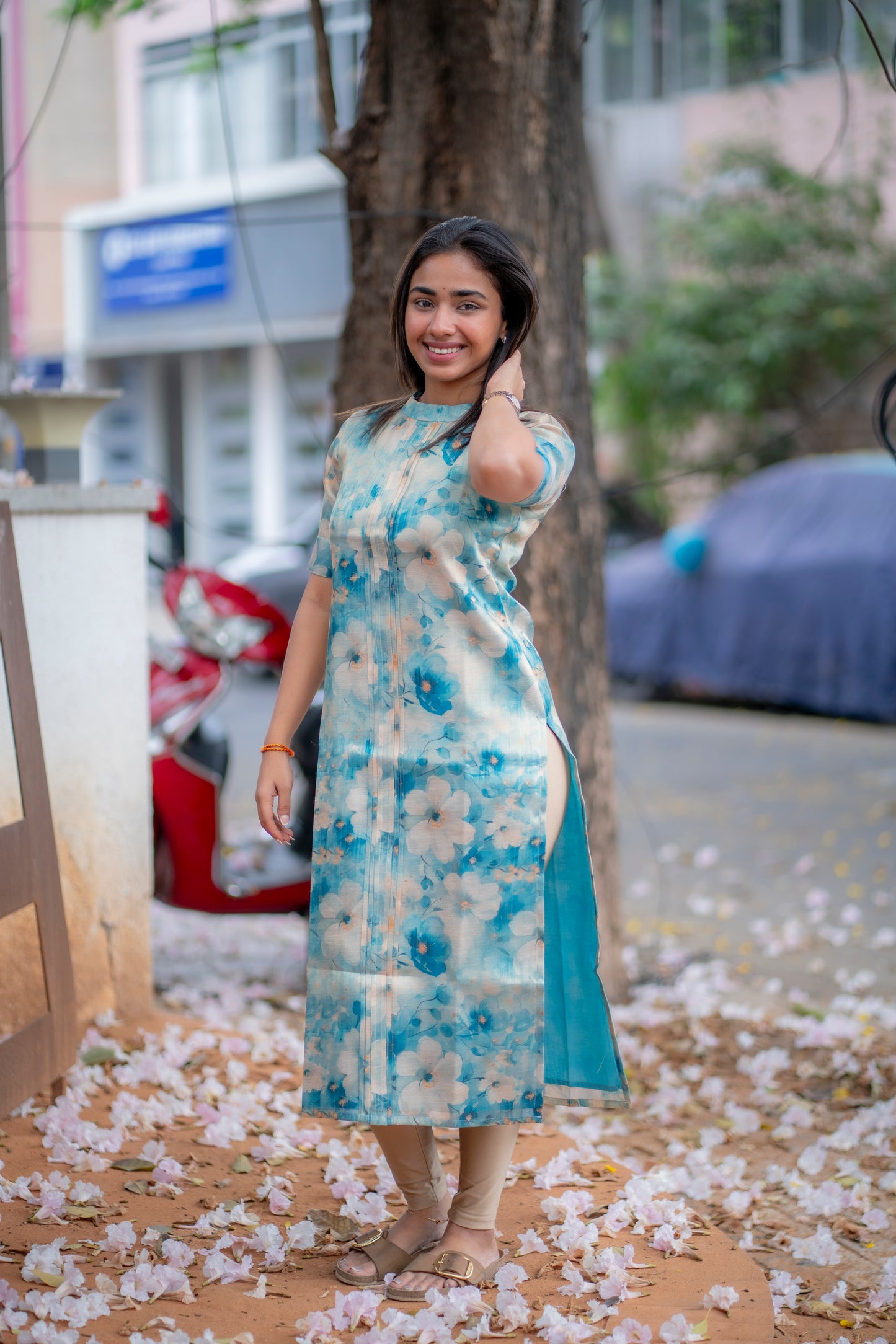 AA184 Blue Digital Print Floral Silk Kurti