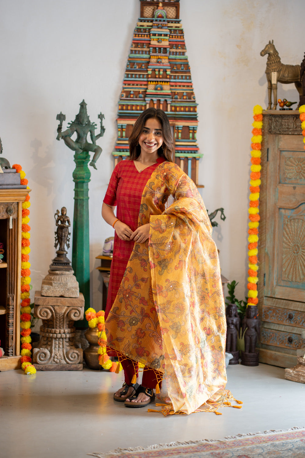 AA308 Red Triple Checks Pure Raw Silk Kurti & pant with Yellow Crush silk Organza Dupatta with Mirror work & floral Penkalamkari prints