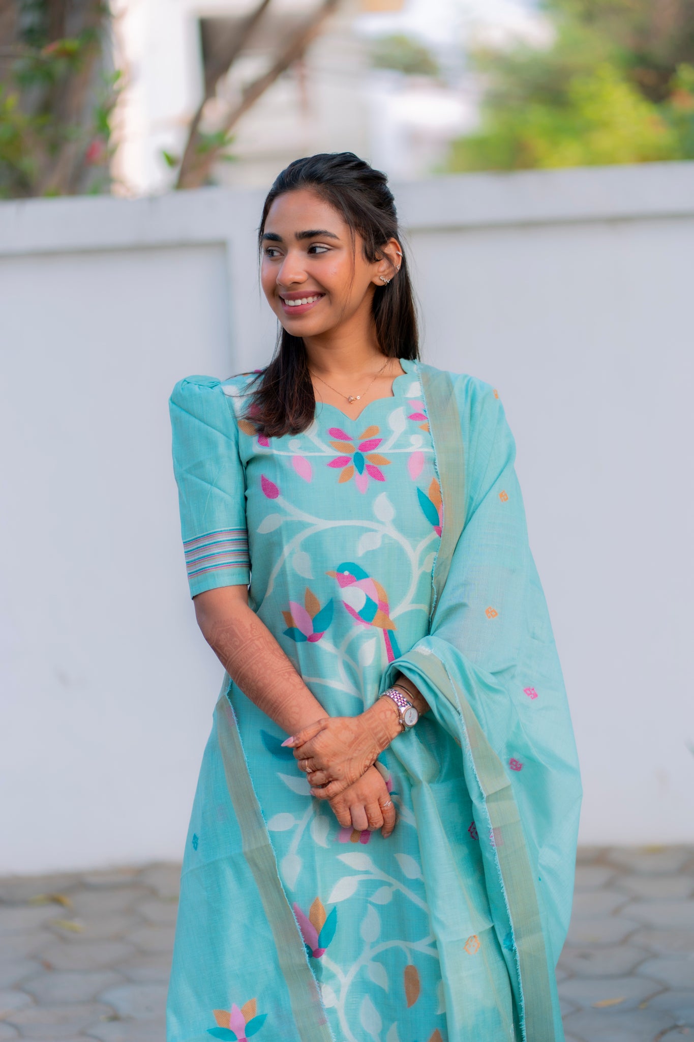 AA202 Blue Floral Linen Jamdhani 3 Pc Set