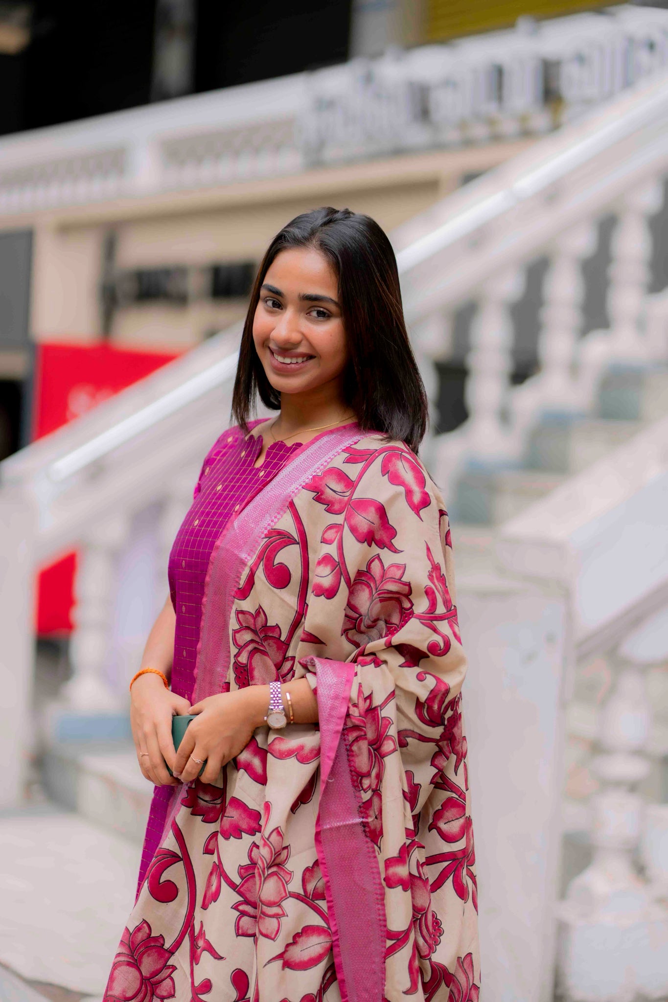 AA198 Dark Pink Raw Silk Kurti with Kalmkari Dupatta