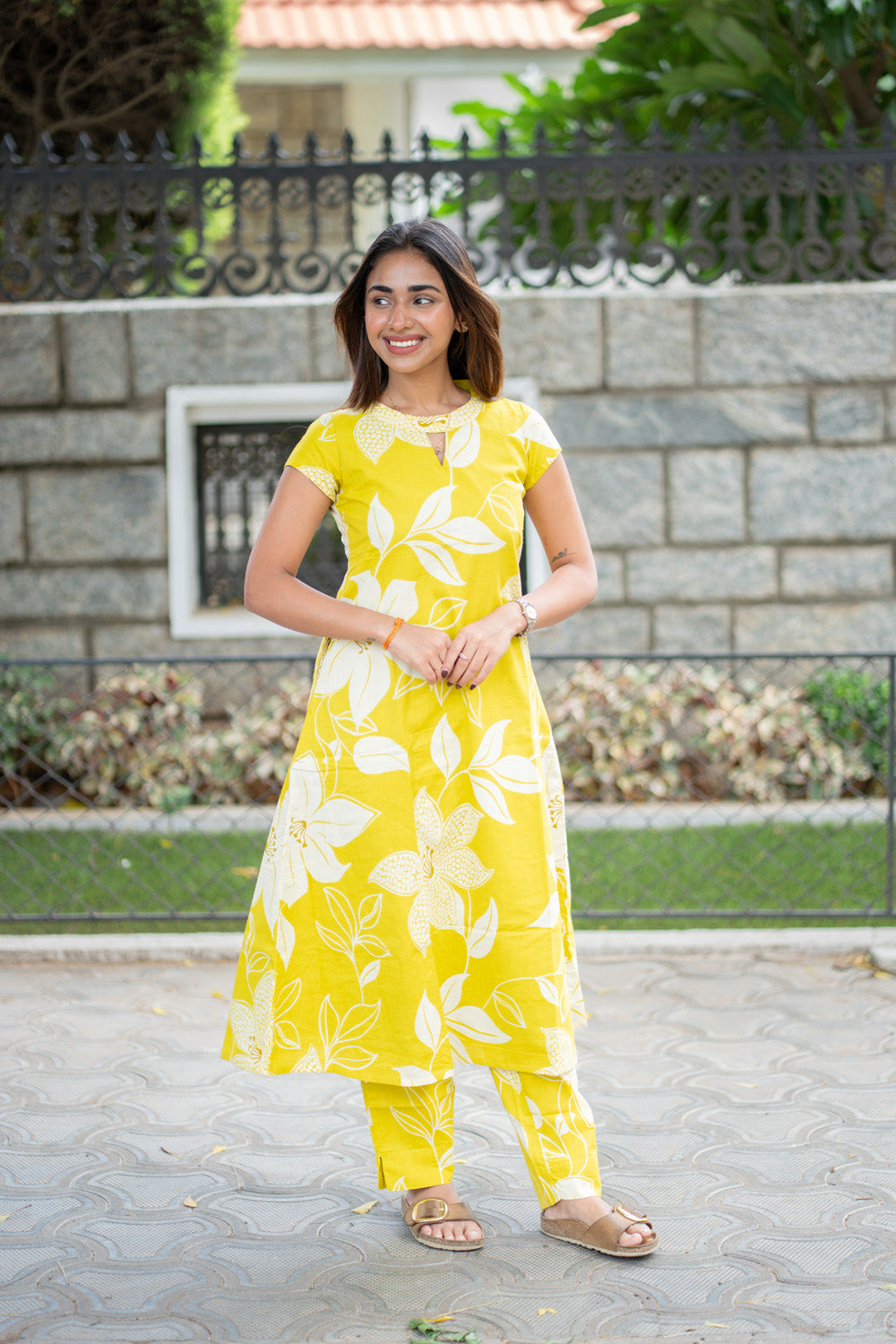 AA302 Neon Yellow Floral Cotton Co-Ord Set(with Lining & Pockets)