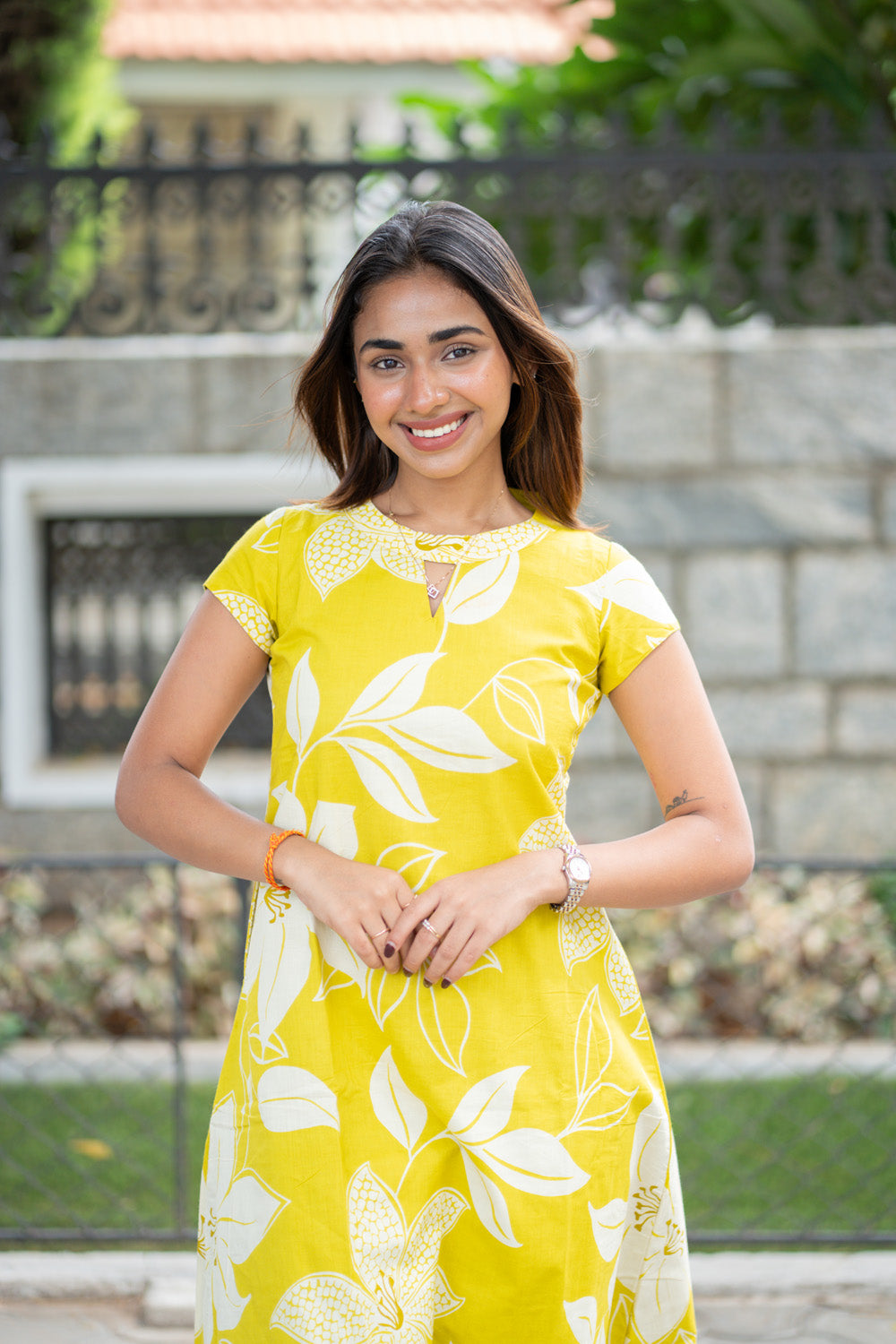 AA302 Neon Yellow Floral Cotton Co-Ord Set(with Lining & Pockets)