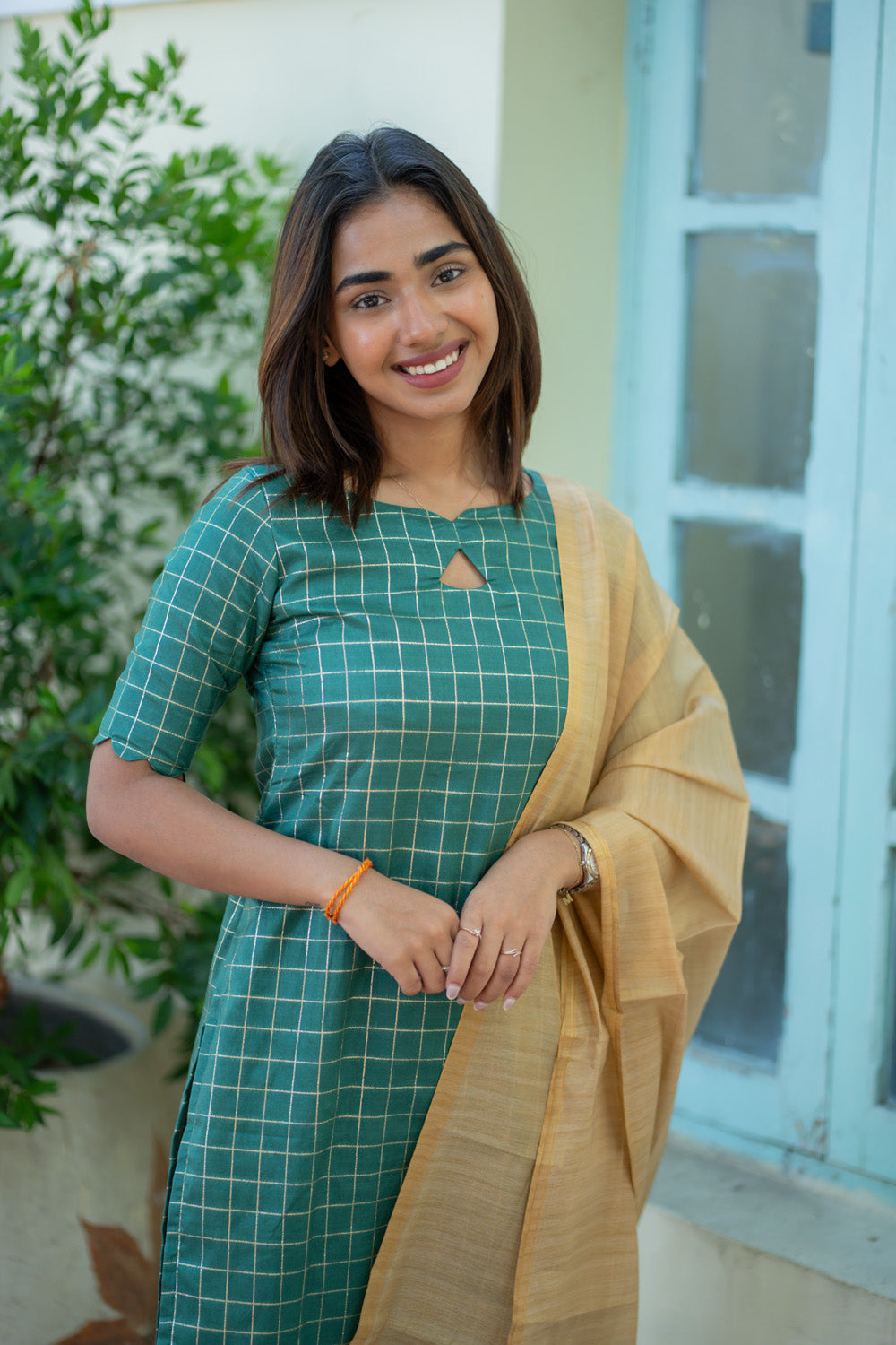 AA266 Bottle Green Checks with Temple Border Dolla Silk Kurti with Golden Tissue Silk Dupatta