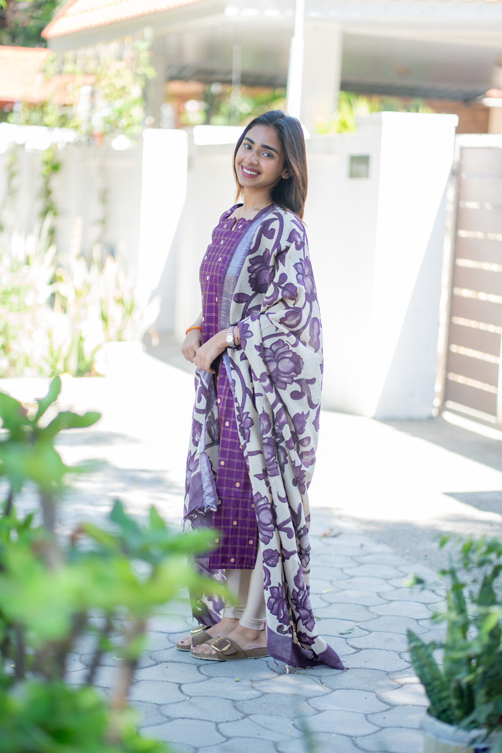 AA268 Purple Checks Raw Silk Kurti with Kalmkari Dupatta