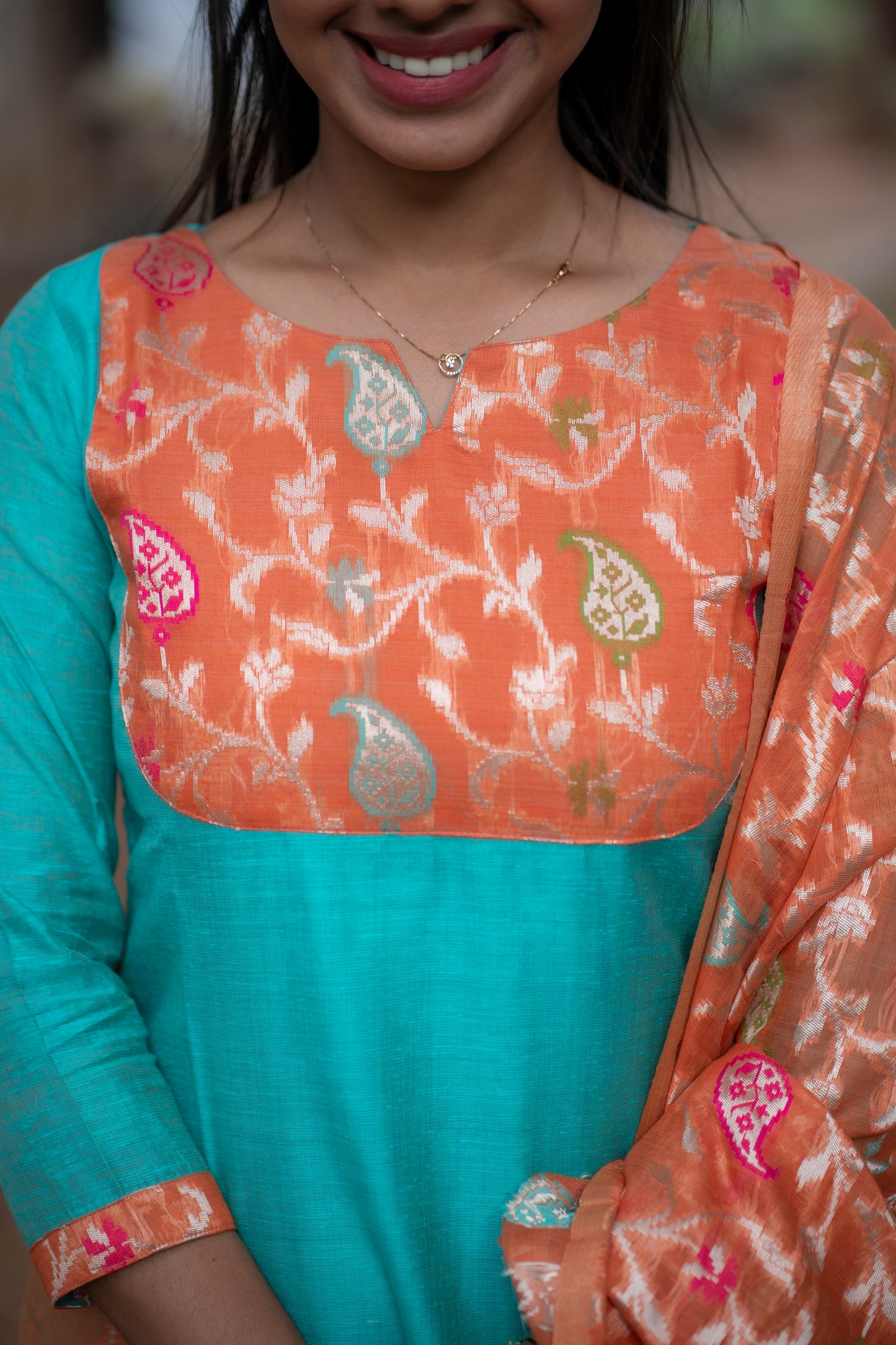 AA097 Blue Raw silk Kurti with Orange Jacquard Dupatta