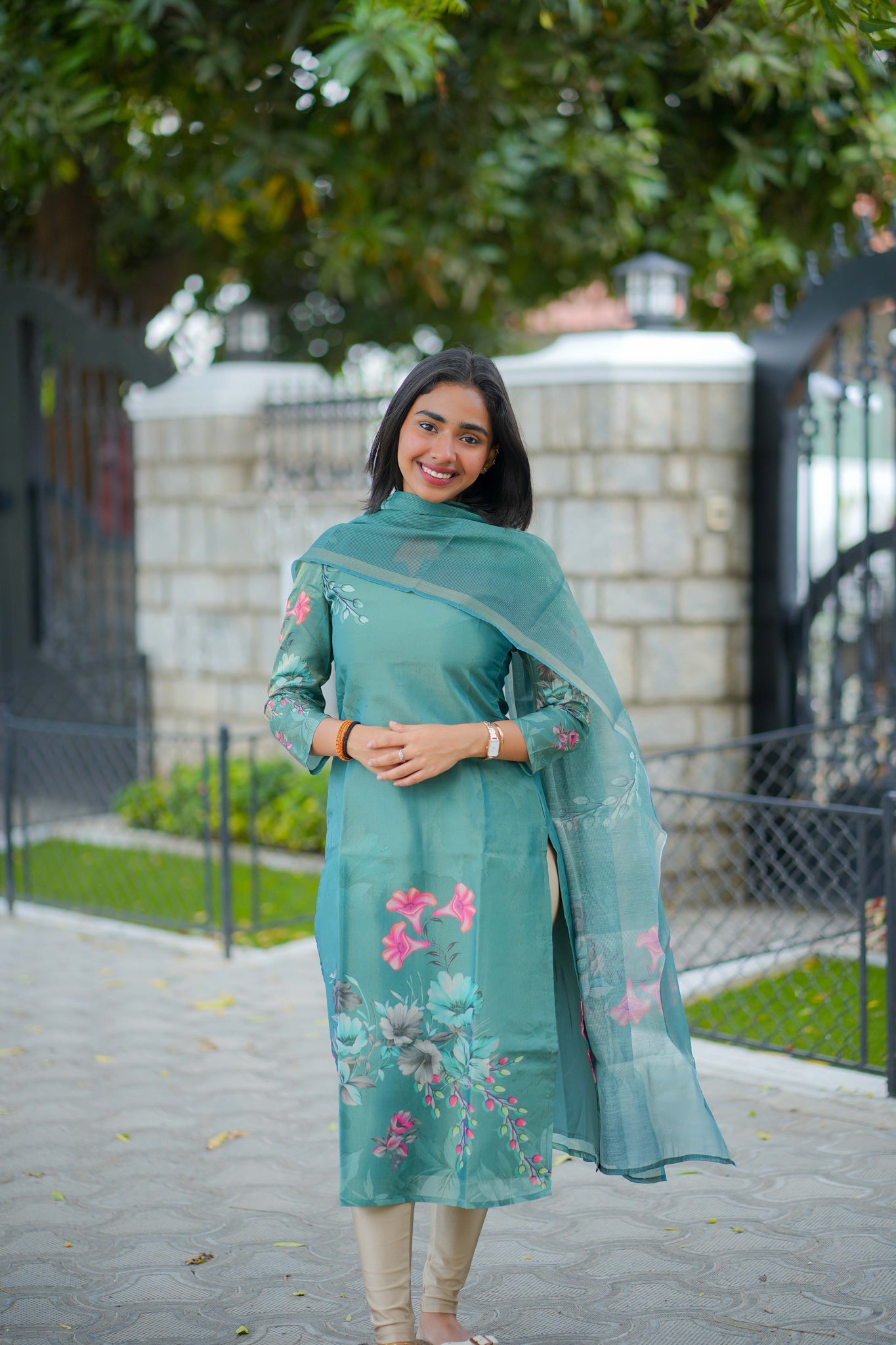 AA122 Teal Blue Shimmer Silk Kurti With Dupatta