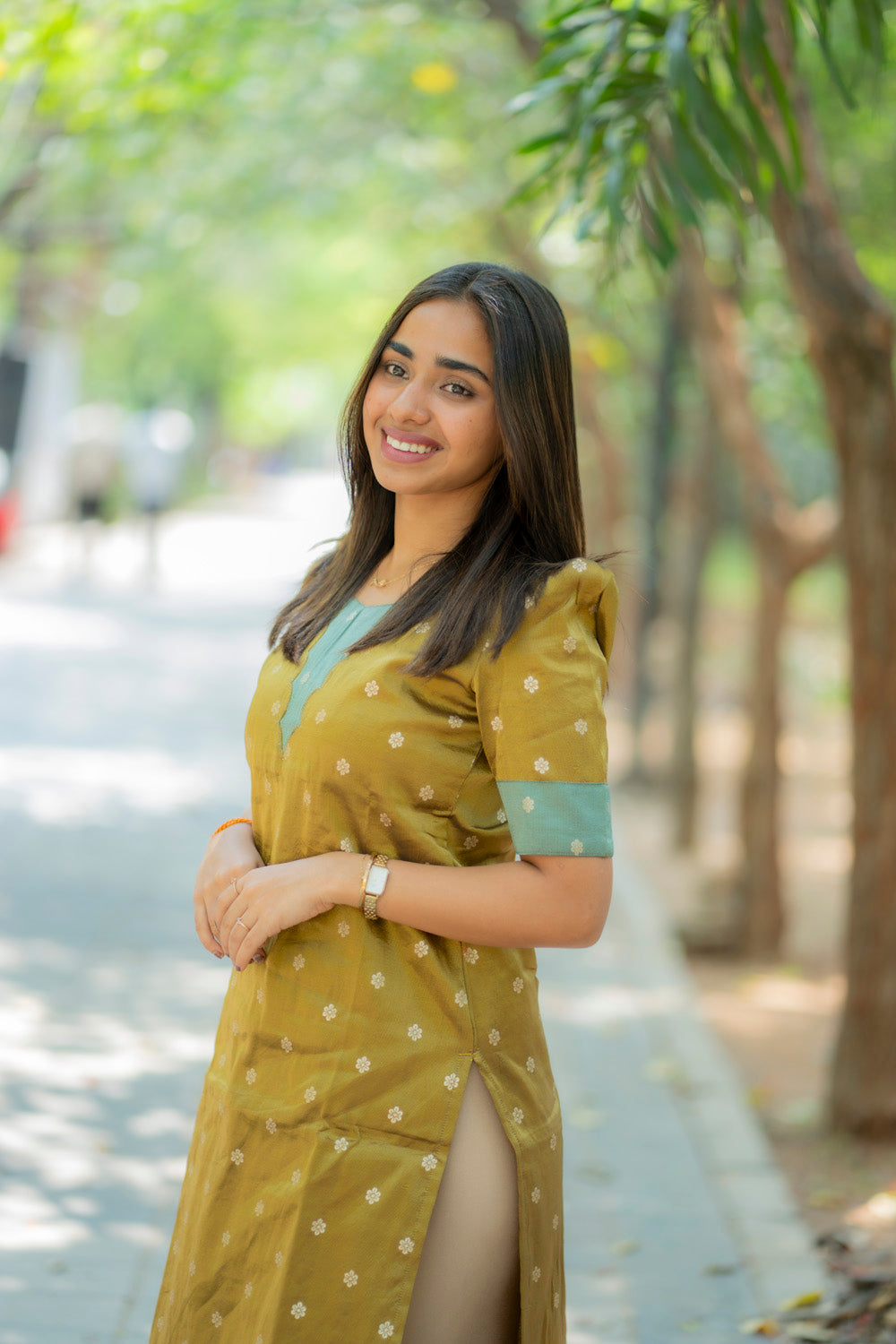 AA181A Mustard with Teal Blue Combo Shimmer Silk Kurti(Warning:Don’t Iron Directly)
