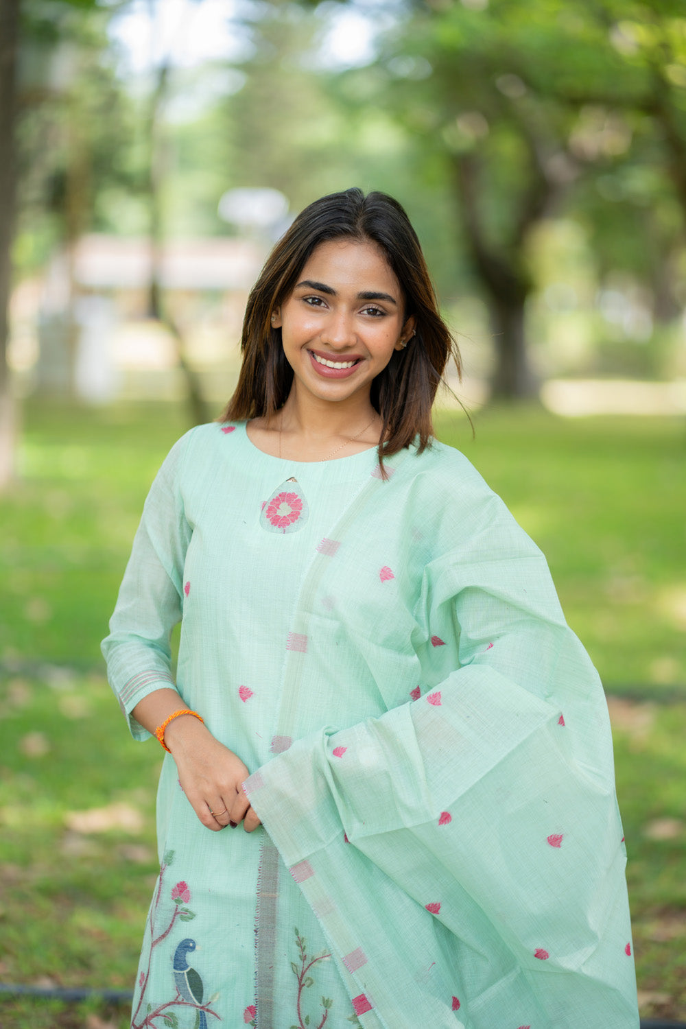 AA293 Blue Linen Jamdhani Salwar Set with beautiful Floral,Elephant,Peacock Prints