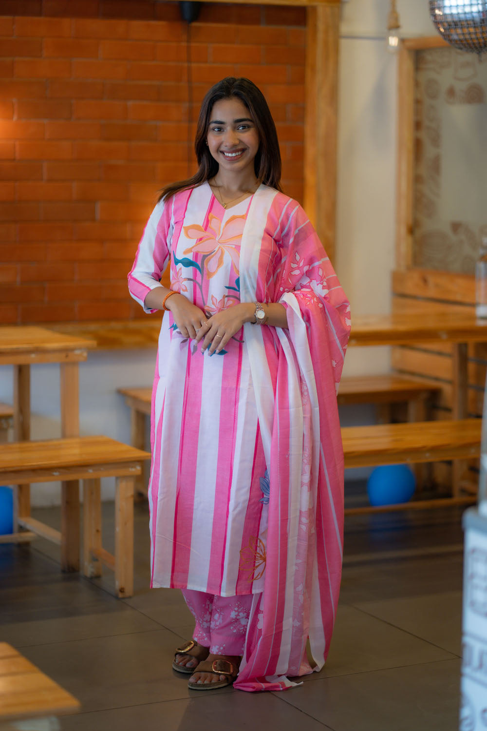 AA239 Pastel Pink with White Stripes Cambric Cotton 3 Pc set