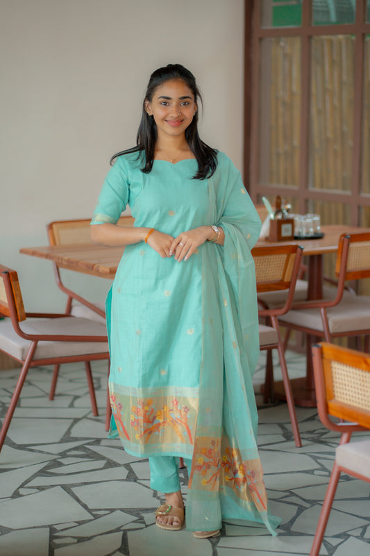 AA142 Blue Jamdani Linen Silk with Paithani Border 3 pc set