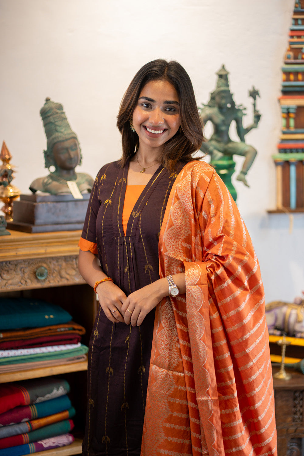 Brown Parrot Print Raw Silk Kurti & Pant  with Orange Jacquard  Silk Dupatta (Neck & Sleeve Patched with Orange Silk Fabric)