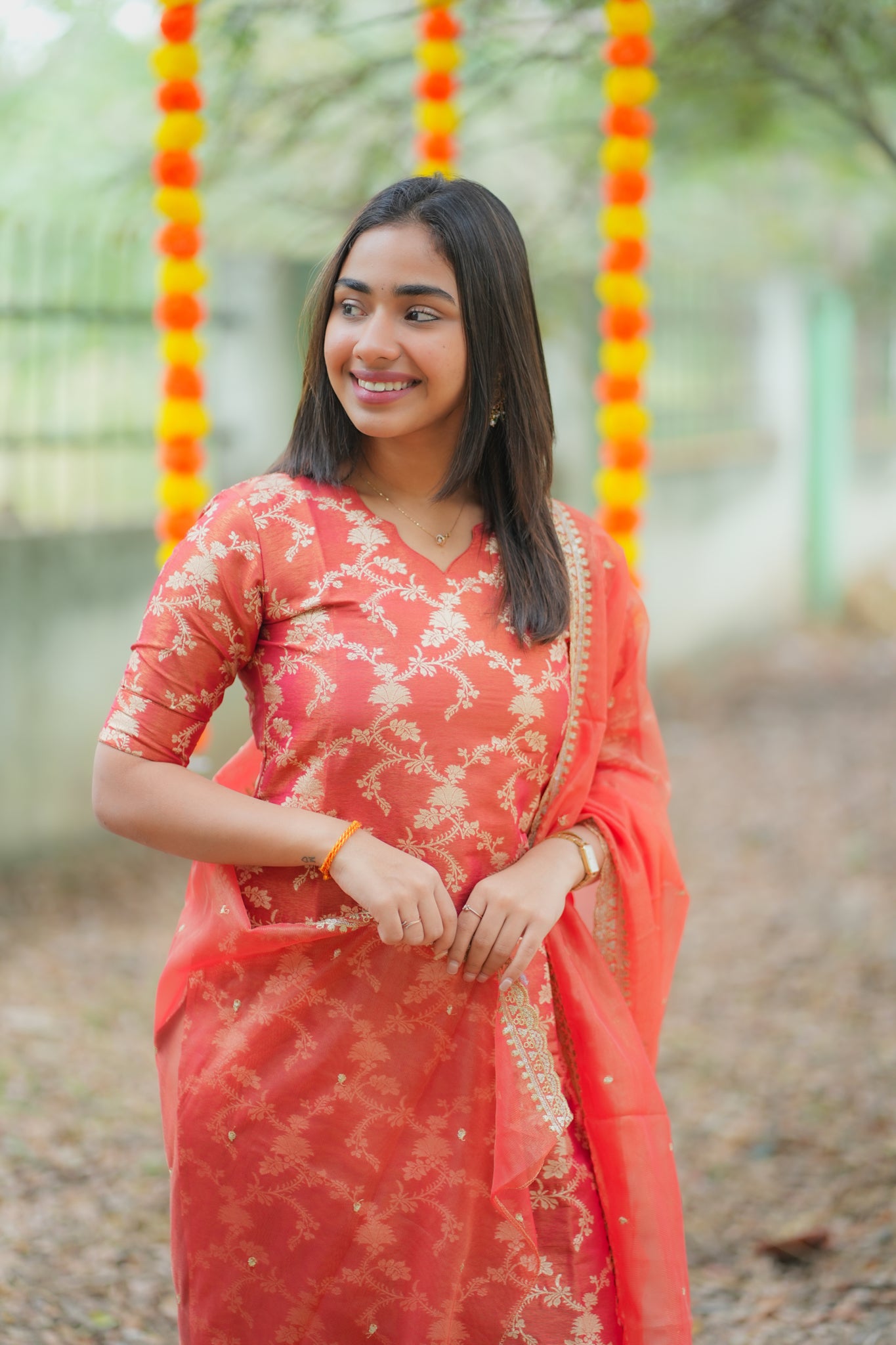AA157 Red with Golden Floral Zari Weaving Tissue Silk Kurti with Organza Sequence Dupatta