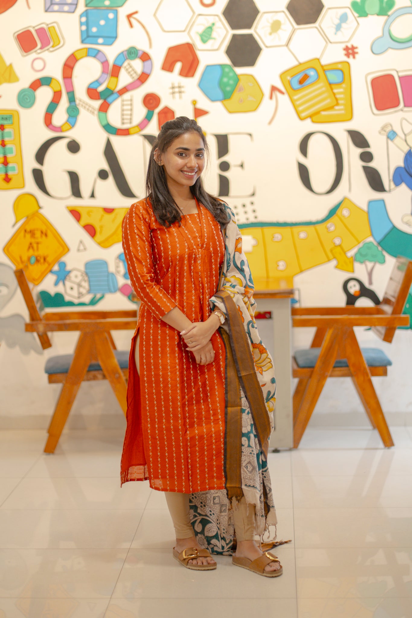 AA140 Orange Raw Silk Kurti with Kalamkari Dupatta