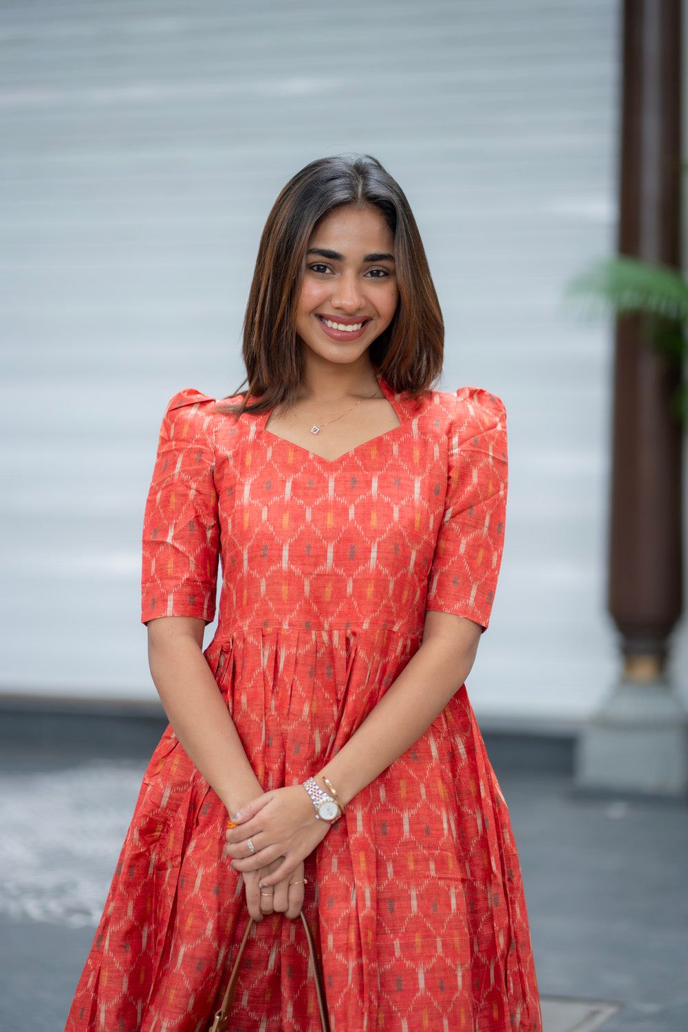 AA286 Rust Orange Ikkat Print Maxi