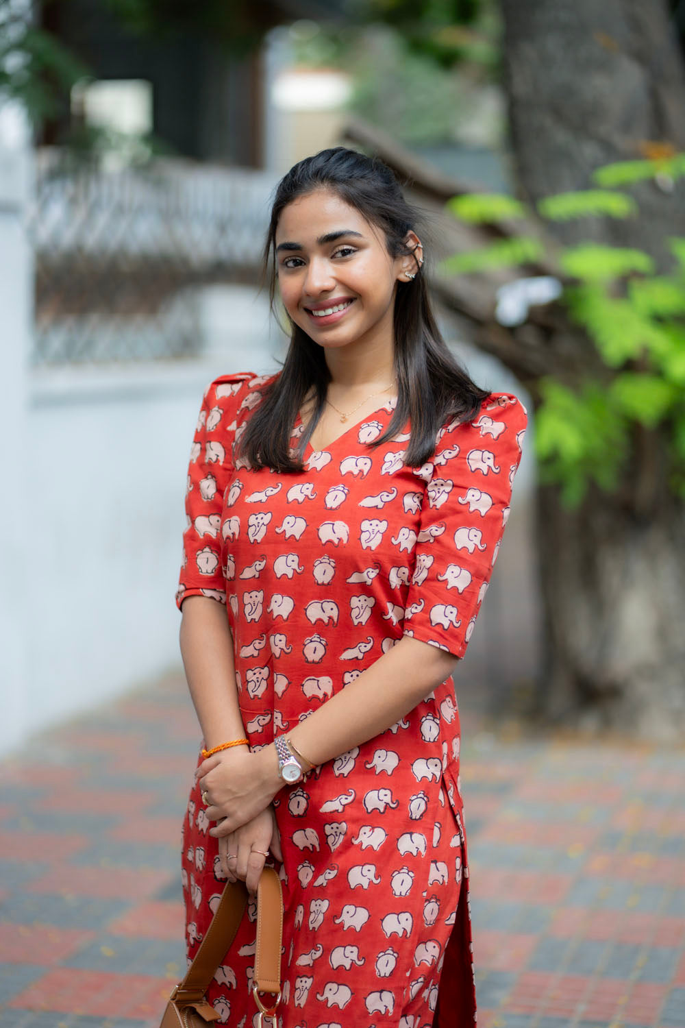 AA219 Red Cotton Elephant Printed  Co Ord Set