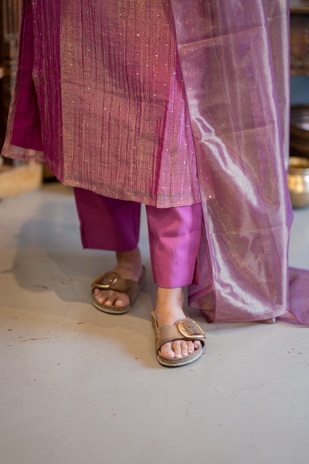 AA303 Purplish Pink Crush Silk Salwar Set with Shiny Tissue Silk Dupatta(crepe Lining)