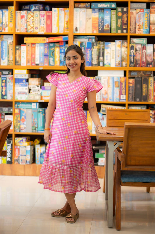 AA220 Pink Checks Floral Cotton Maxi