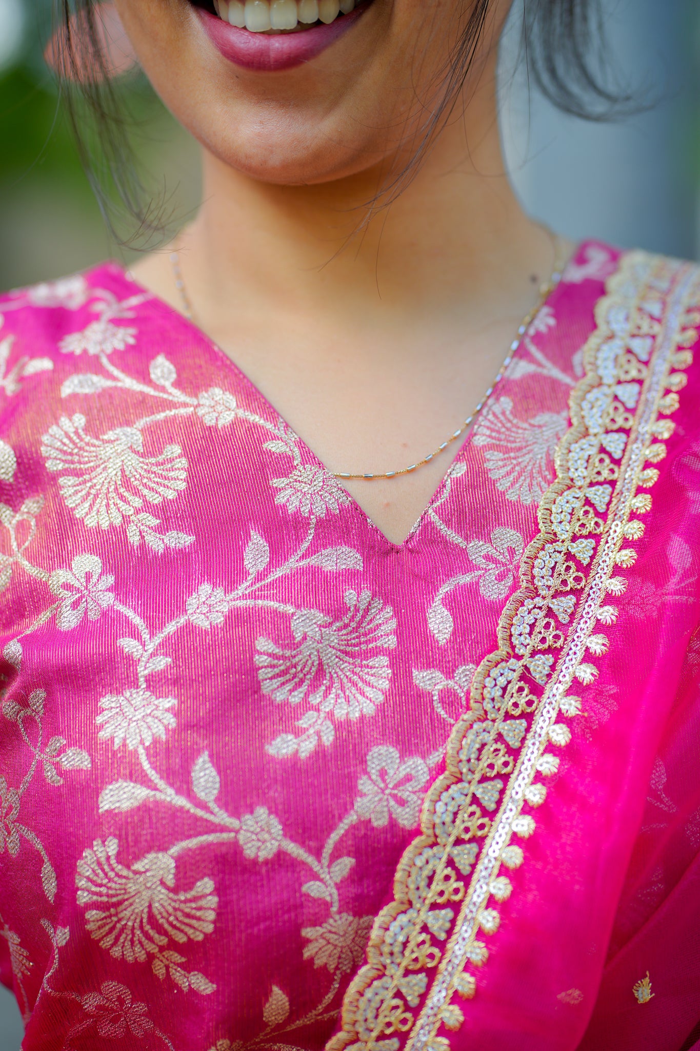 AA106 Hot Pink Tissue Brocade  Silk kurti with Designer Organza  Dupatta