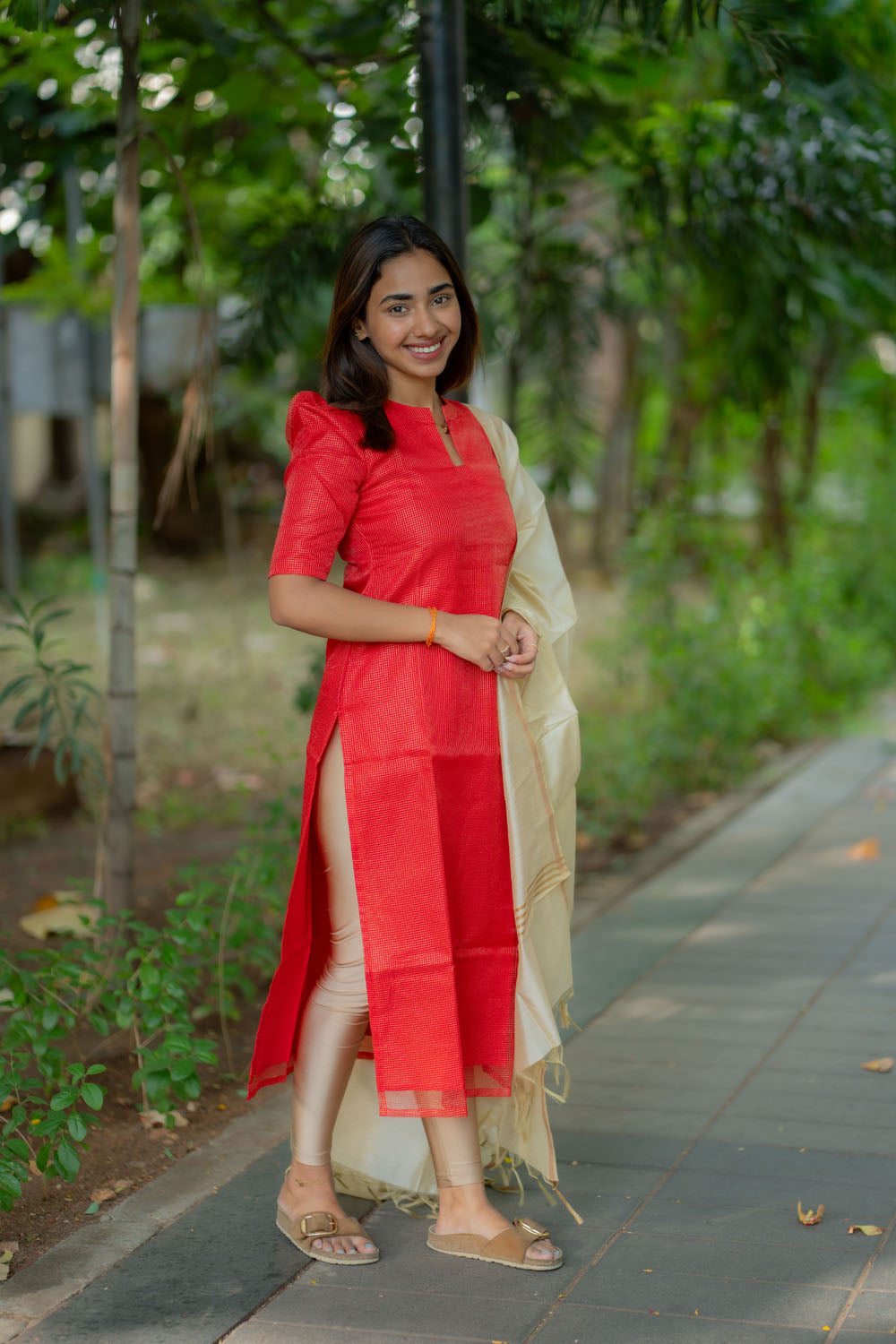 AA244 Red Checks Tissue Silk Kurti with Golden Dupatta