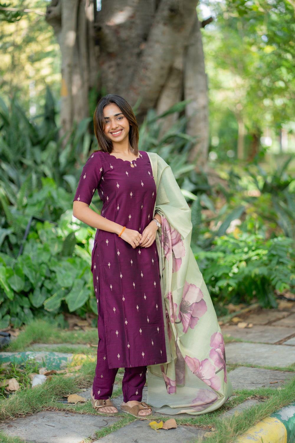 AA291 Wine Purple Raw Silk Top & Pant With pastel Green Tissue Silk Floral Dupatta