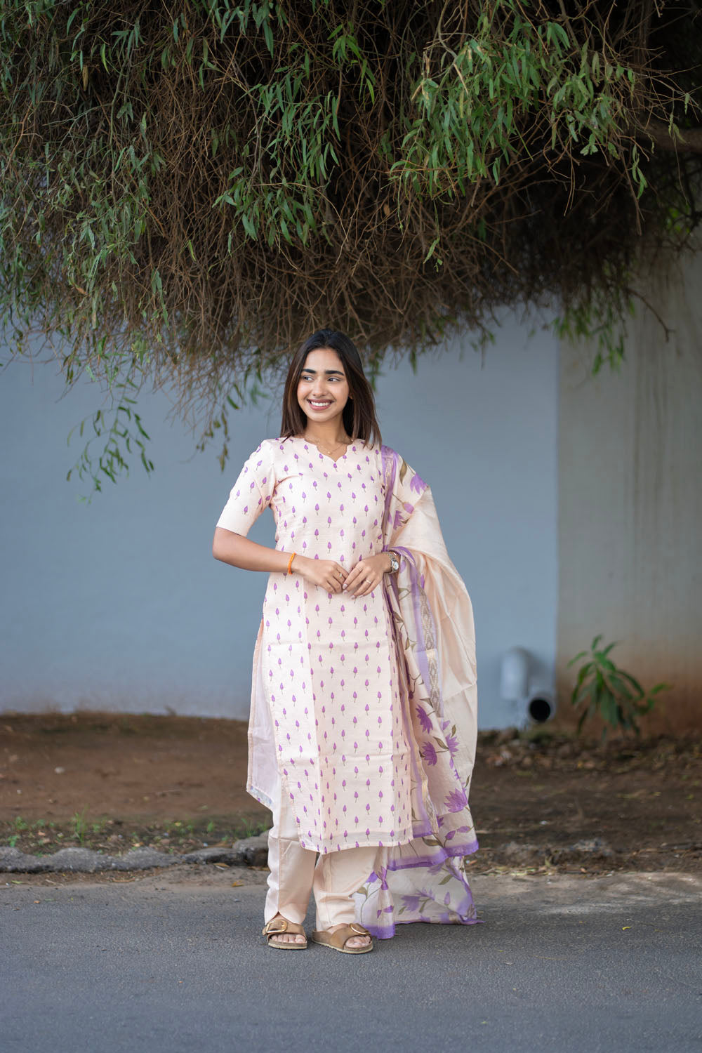 AA252 Beige with Lavender Combo Kota Floral 3 Pc Set