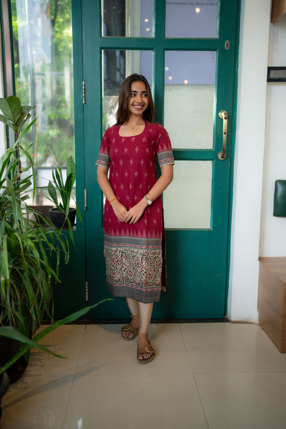 AA249 Maroon Cotton Kurti with Kalmkari Border
