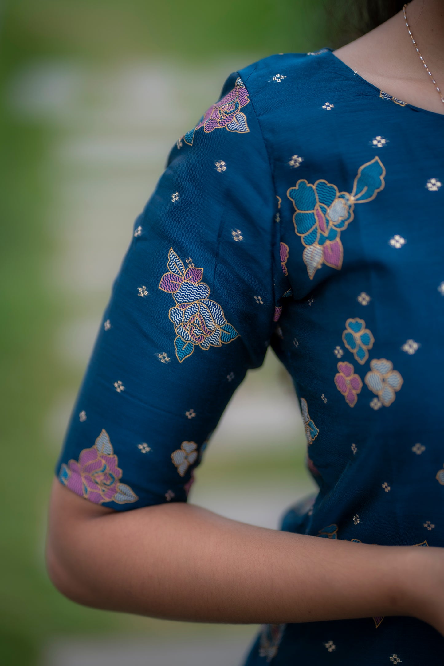AA063 Chanderi Silk Peacock Blue Kurti with Organza Dupatta