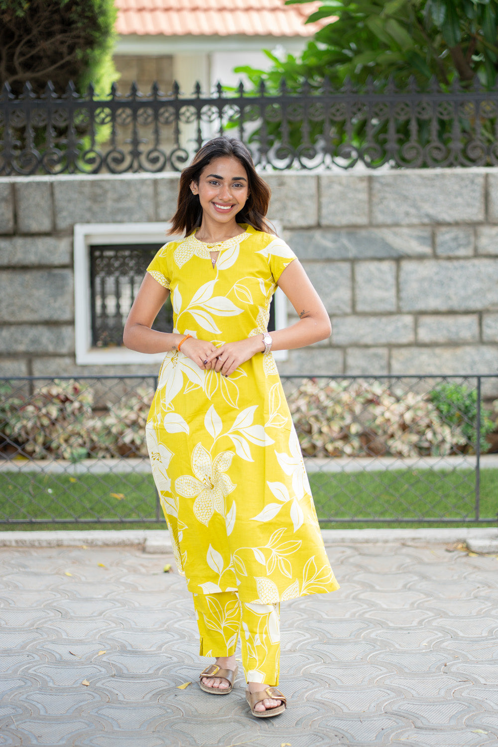 AA302 Neon Yellow Floral Cotton Co-Ord Set(with Lining & Pockets)