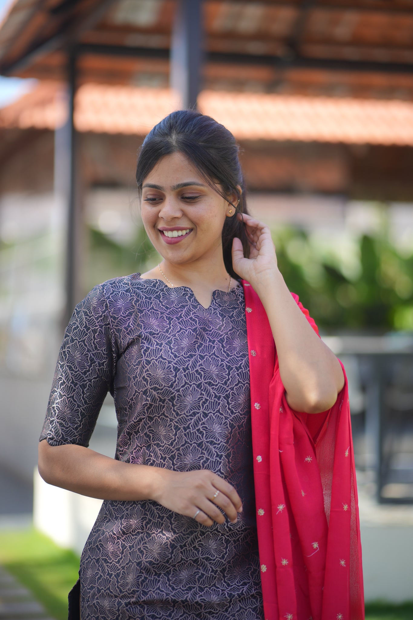 AA105 Black Art Silk Kurti with Red Golden motifs Shimmer Dupatta (Function Wear)