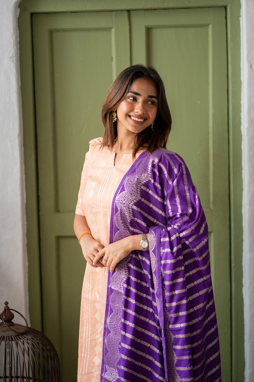 Peach Chanderi Diamond Stripes & Butta Kurti with Violet Banarasi Jacquard Dupatta