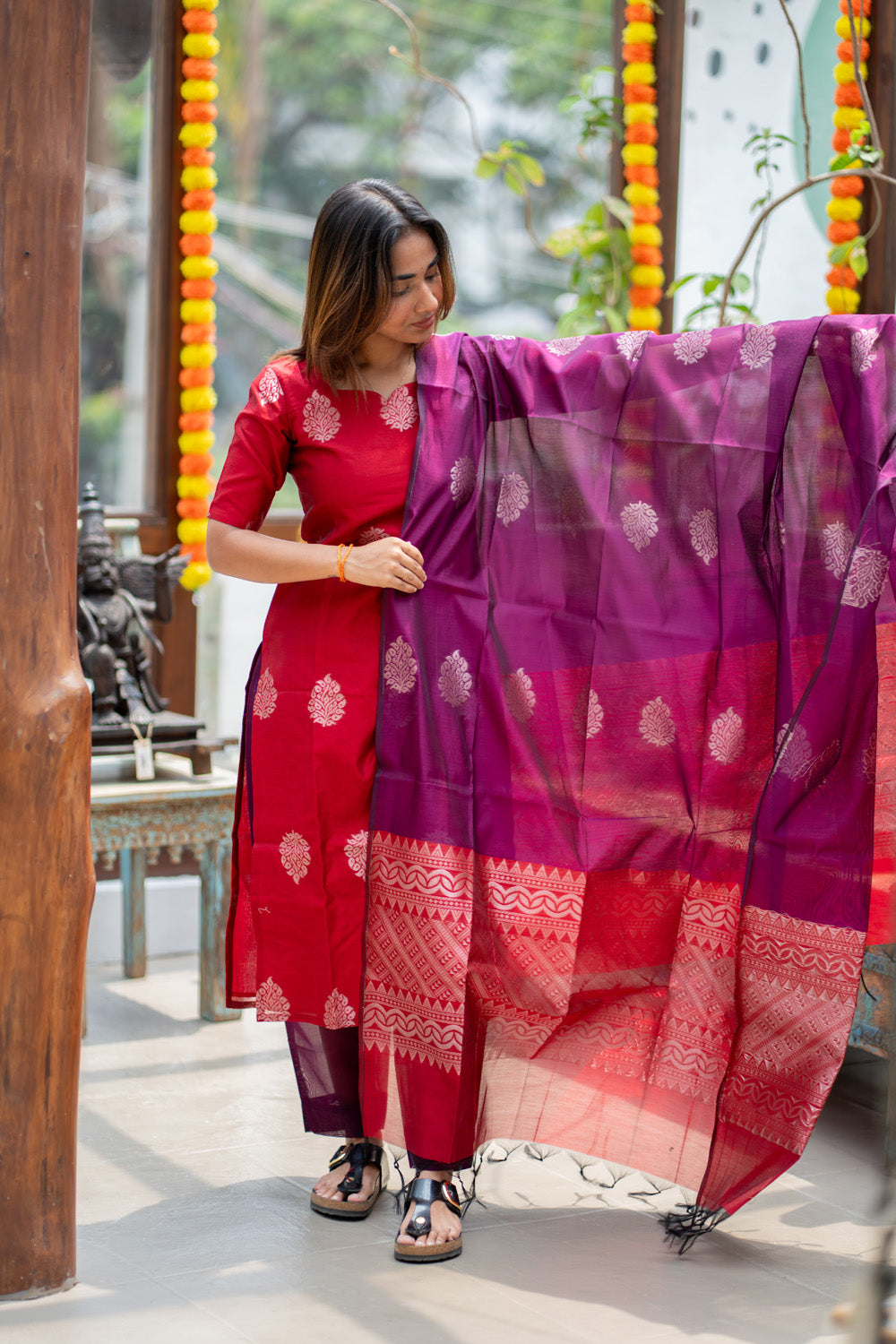 AA310 Red with Violet Combo Silk Cotton Salwar Set(with Silver Jari Design)(provided lining for top & pant)